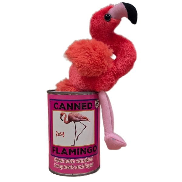 Canned Flamingo stuffed plush toy in silver pop-top can with funny jokes — unique novelty gift