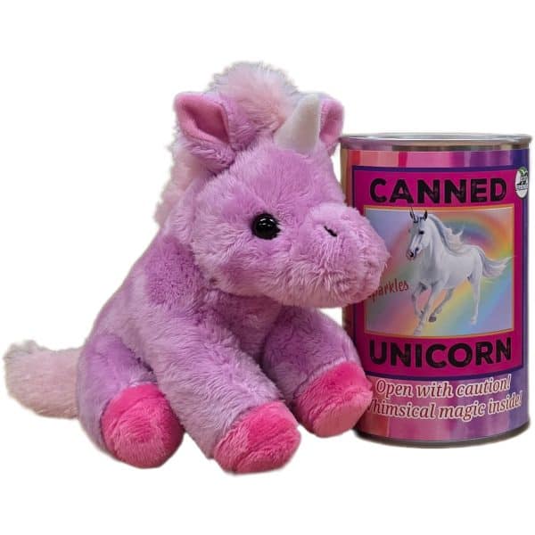 Canned Lavender Unicorn stuffed plush toy beside a silver pop-top can with funny jokes — magical novelty gift