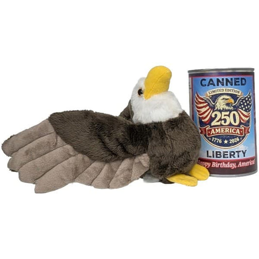 Liberty the Canned Eagle 250th Anniversary USA Edition stuffed plush toy in silver pop-top can with jokes