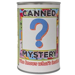 Canned Mystery surprise stuffed plush toy in silver pop-top can with jokes — unique novelty gift