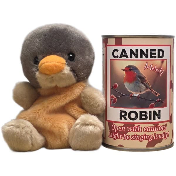 Canned Robin stuffed plush bird toy in silver pop-top can with funny jokes — unique novelty gift