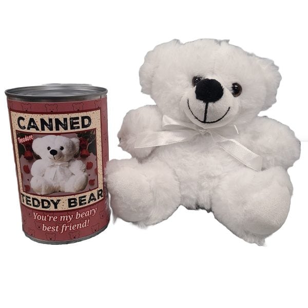 Canned White Teddy Bear stuffed plush toy beside a silver pop-top can with funny jokes — classic novelty gift