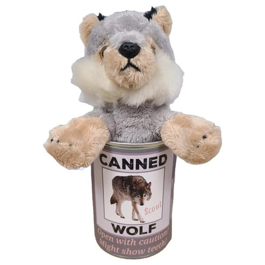 Canned Wolf stuffed plush toy in silver pop-top can with funny jokes on label — unique novelty gift