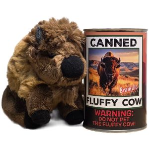 Canned Fluffy Cow Bison stuffed plush toy in silver pop-top can with jokes — novelty gift