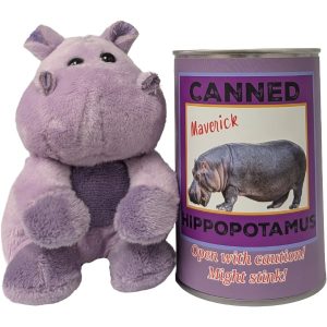 Plush hippo toy next to a can labeled 'Canned Maverick Hippopotamus' on a white background