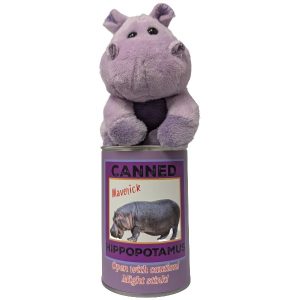 A plush hippopotamus toy sitting on top of a can with a printed label that says "canned Hippopotamus"  and a hippo illustration, isolated on a white background.