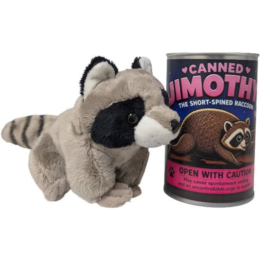A plush raccoon sitting beside a novelty can labeled 'Canned Jimothy' with a raccoon illustration, shown on a plain white background.