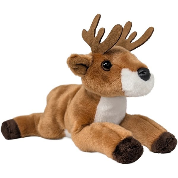 A plush toy deer lying down on a plain white background. The toy has brown fur, a white chest and muzzle, dark brown antlers, and dark brown hooves.