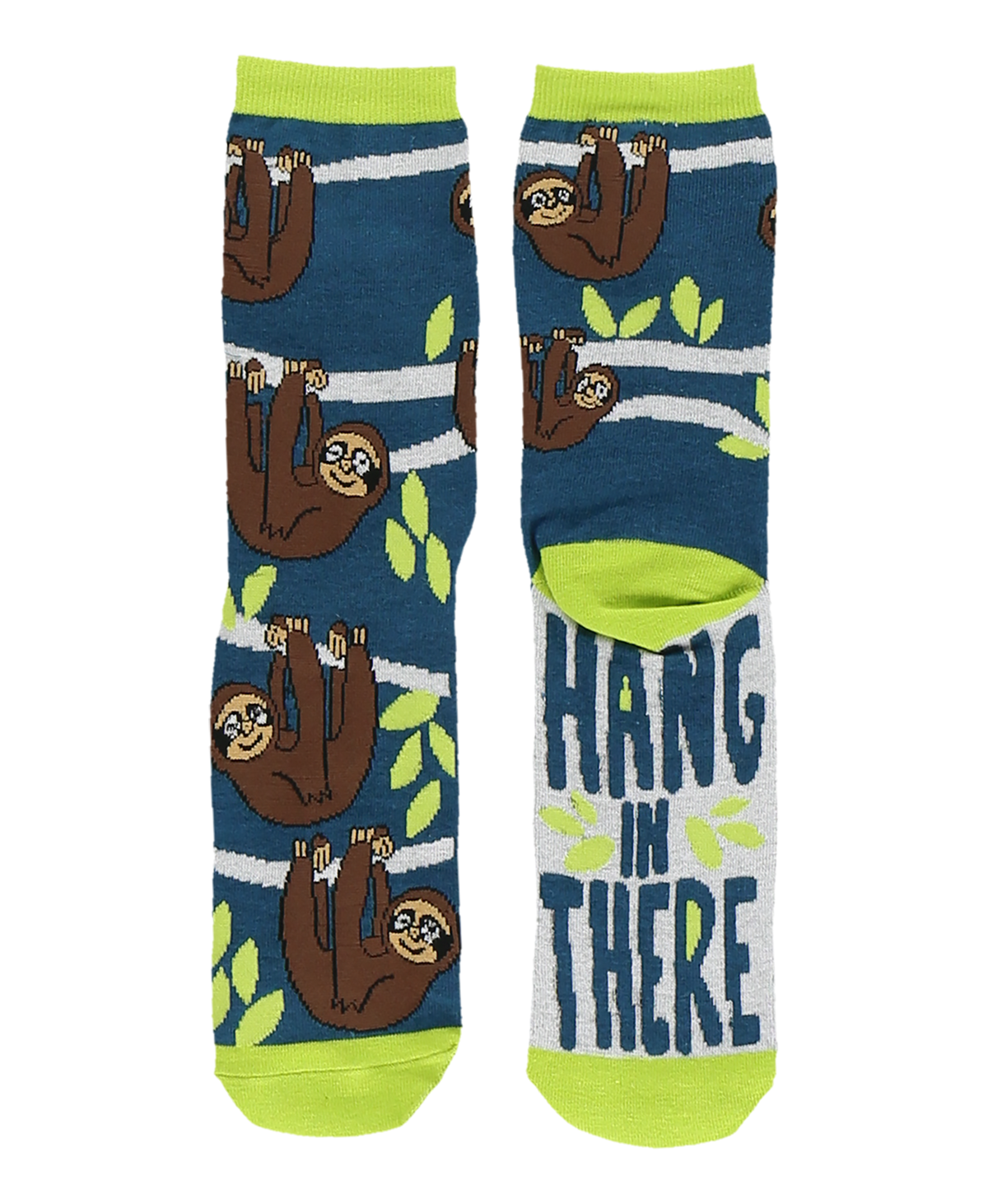 Pair of socks with sloth design and 'Hang In There' text on a white background