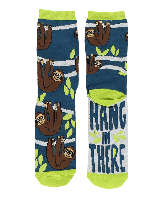 Pair of socks with sloth design and 'Hang In There' text on a white background