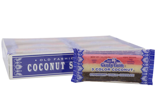 Box of Candy Farm Old Fashion Coconut Slices with colorful packaging on a white background