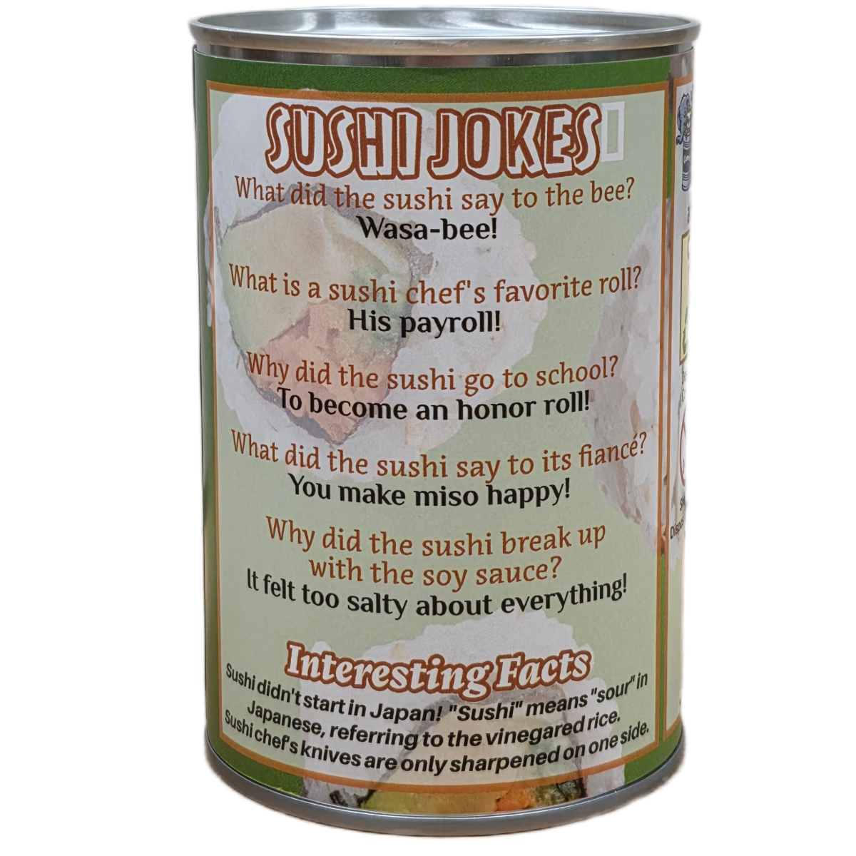 Can of Sushi Jokes with humorous text and facts on a white background