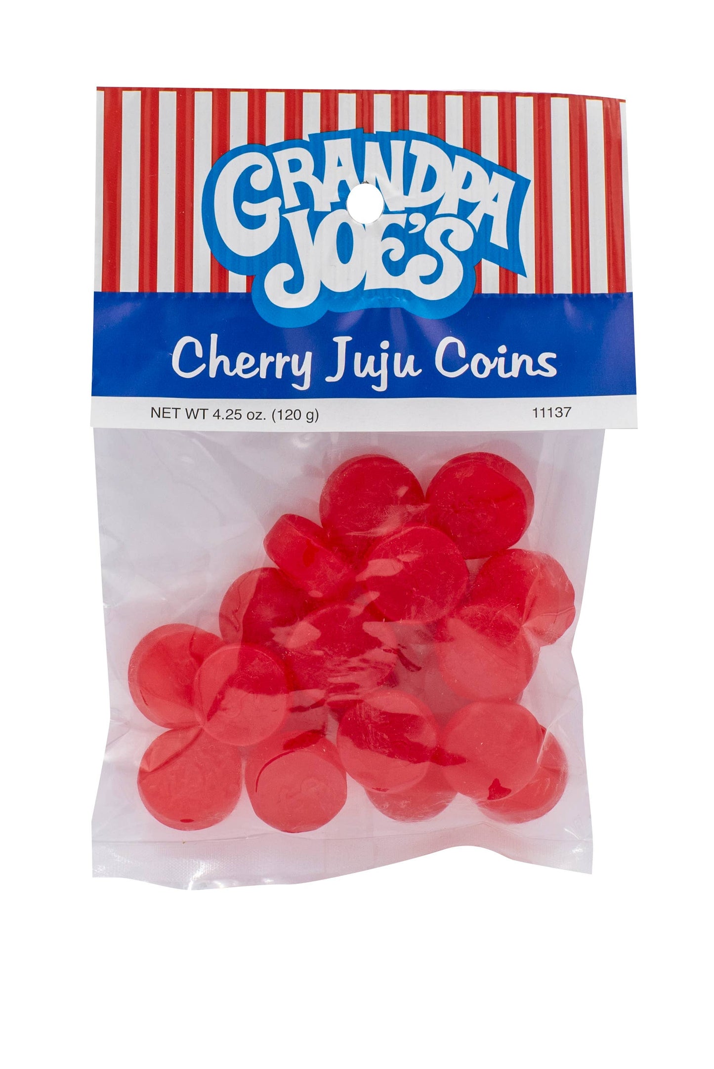 Packaged cherry juju coins with 'Grandpa Joe's' branding on a white background