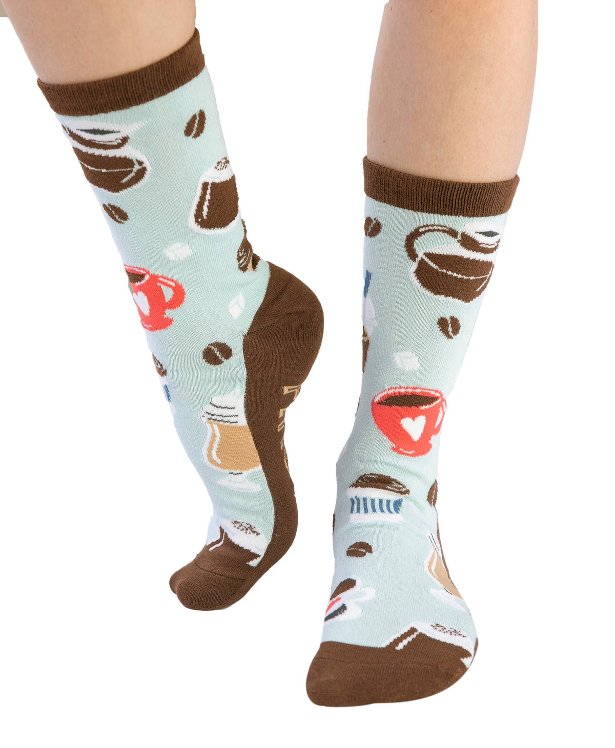 Light blue socks with coffee-themed design worn by a person on a white background