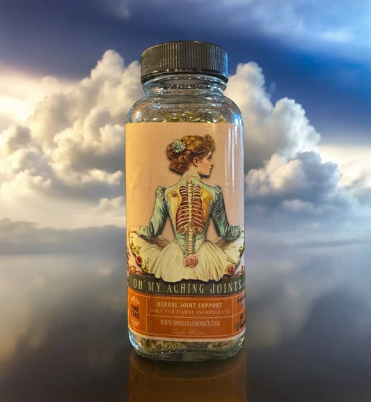 Bottle of 'Oh My Aging Joints' herbal supplement with a vintage-style label against a cloudy sky.