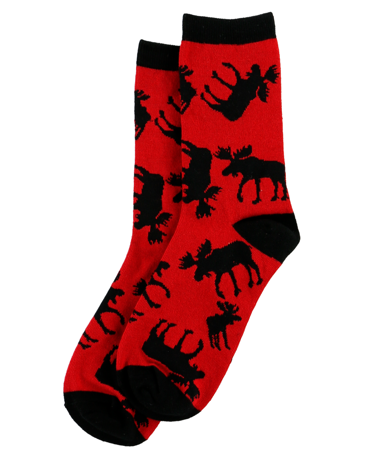 A pair of red crew socks with a black moose silhouette pattern, black cuffs, heels, and toes, shown against a plain white background.