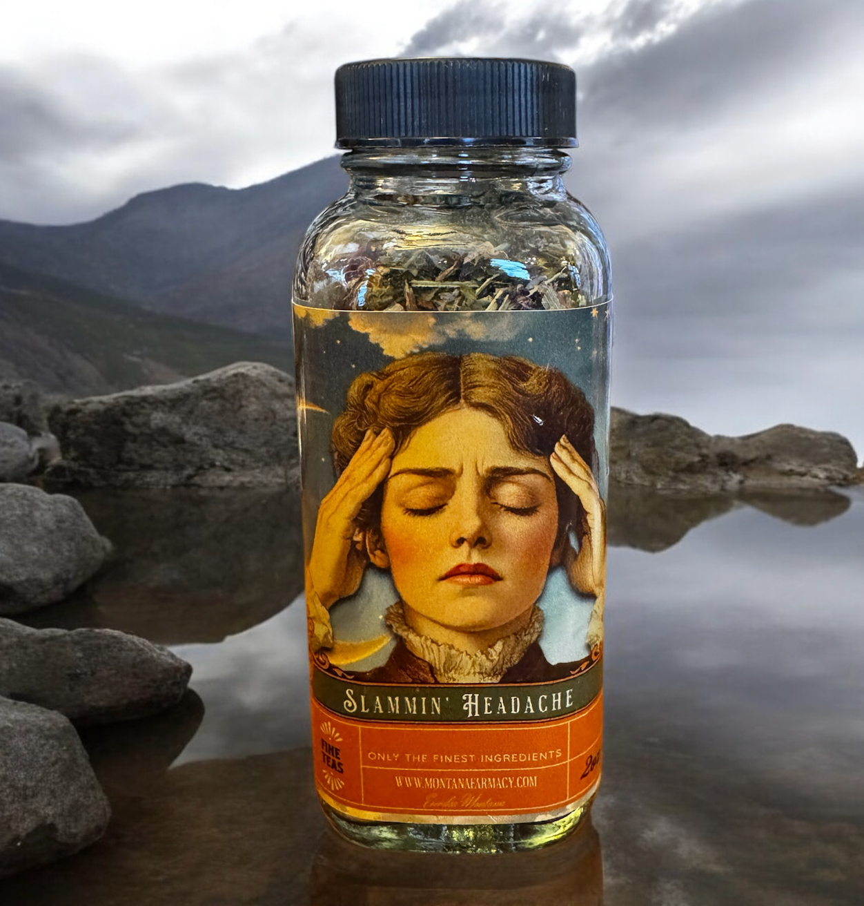 Bottle of 'Slammin' Headache' teawith a scenic background