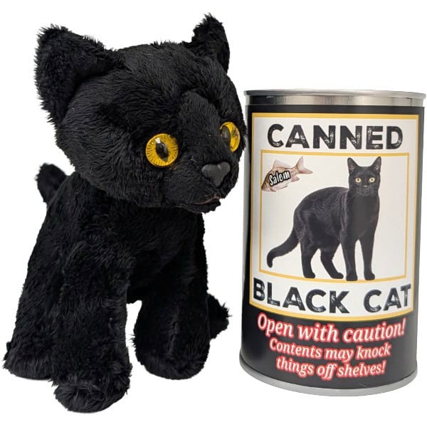 A black cat plush toy stuffed animal sitting beside a can labeled 'Canned Black Cat' photographed on a plain white background."