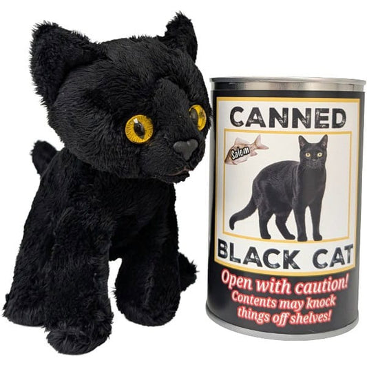 A black cat plush toy stuffed animal sitting beside a can labeled 'Canned Black Cat' photographed on a plain white background."