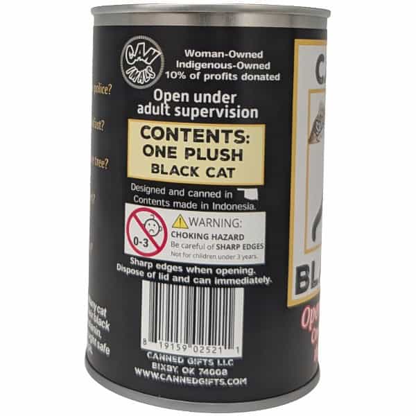 "Close-up of the barcode and product label on the bottom of the Canned Black Cat can."