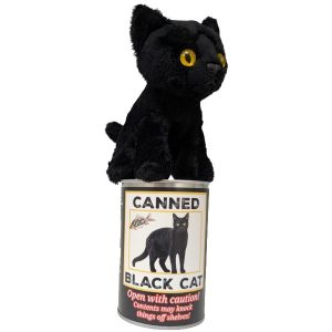 A black cat plush toy stuffed animal sitting on top of a can labeled 'Canned Black Cat' photographed on a plain white background."