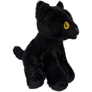 A black cat plush toy stuffed animal Photographed alone on a plain white background."
