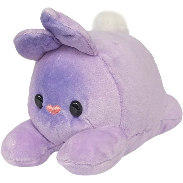 A cute lavender purple plush bunny toy with black bead eyes, a small pink embroidered heart on its nose, and a white fluffy tail, shown against a plain white background.