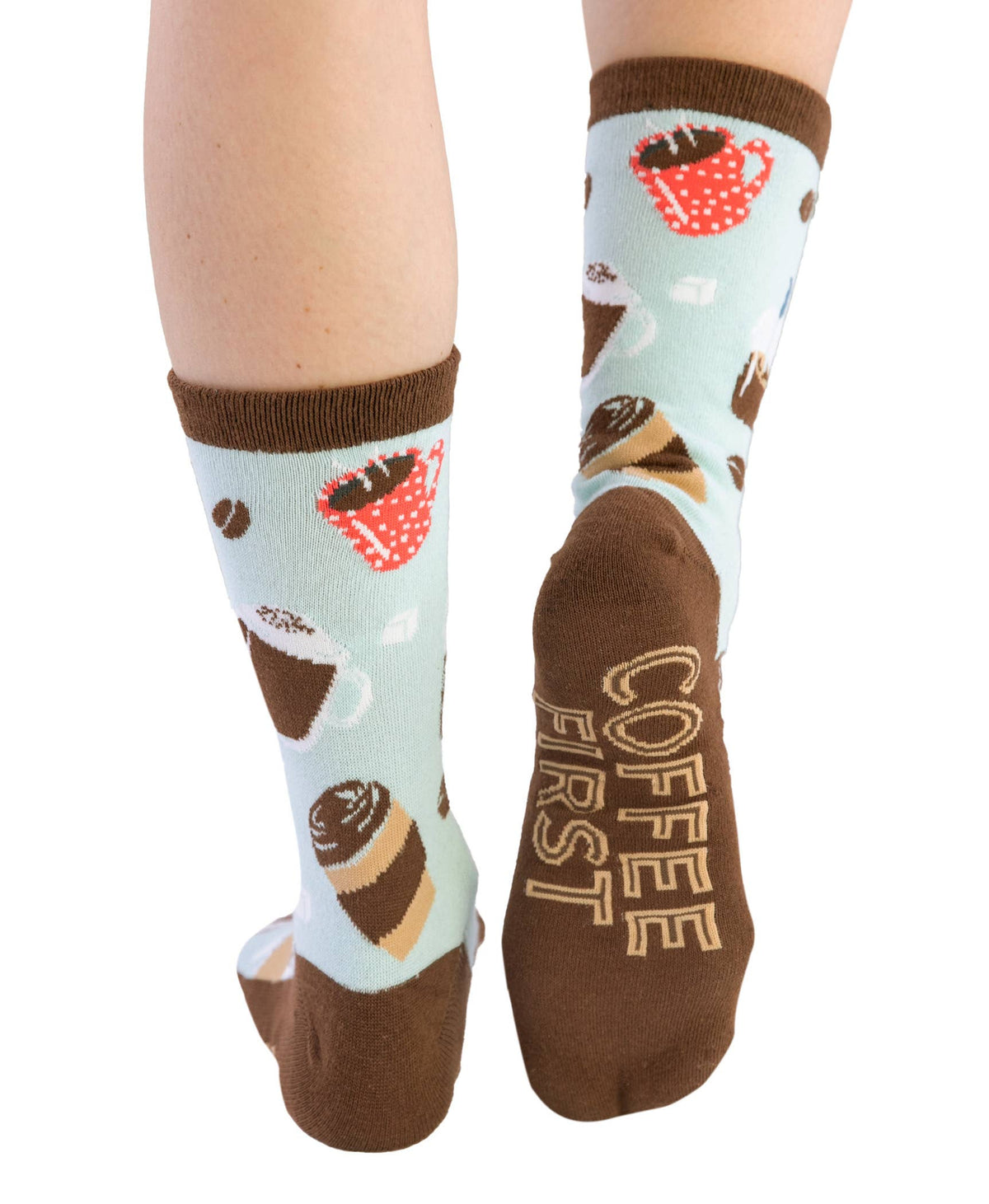 Sock with coffee-themed design and 'Coffee First' text on a white background