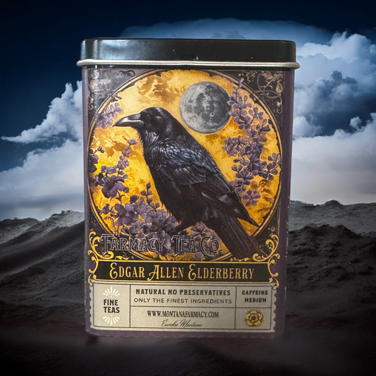 Montana Farmacy Edgar Allen Crow Elderberry Tea tin with vintage label on a dark background"