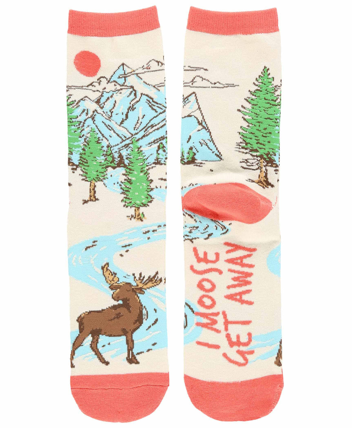 A pair of crew socks with a colorful outdoor landscape print featuring mountains, pine trees, a moose, and a red sun, with the text 'I MOOSE GET AWAY' on one sock.