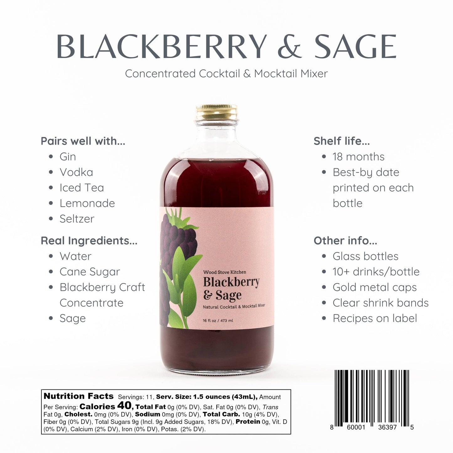 Blackberry & Sage Non-Alcoholic Cocktail Mixer and Mocktail Mixer, 16 fl oz