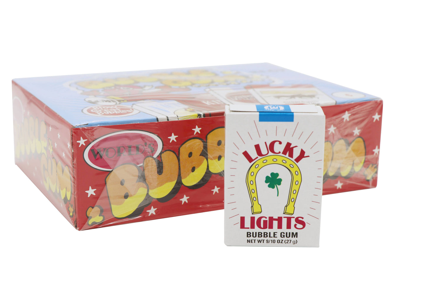 Box of Lucky Lights bubble gum with a single pack in front on a white background