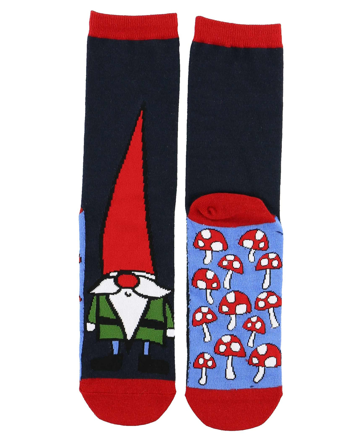 A pair of dark navy crew socks with red cuffs and heels. One sock features a gnome character in a green coat with a red hat, and the other features a light blue pattern of red and white mushrooms.