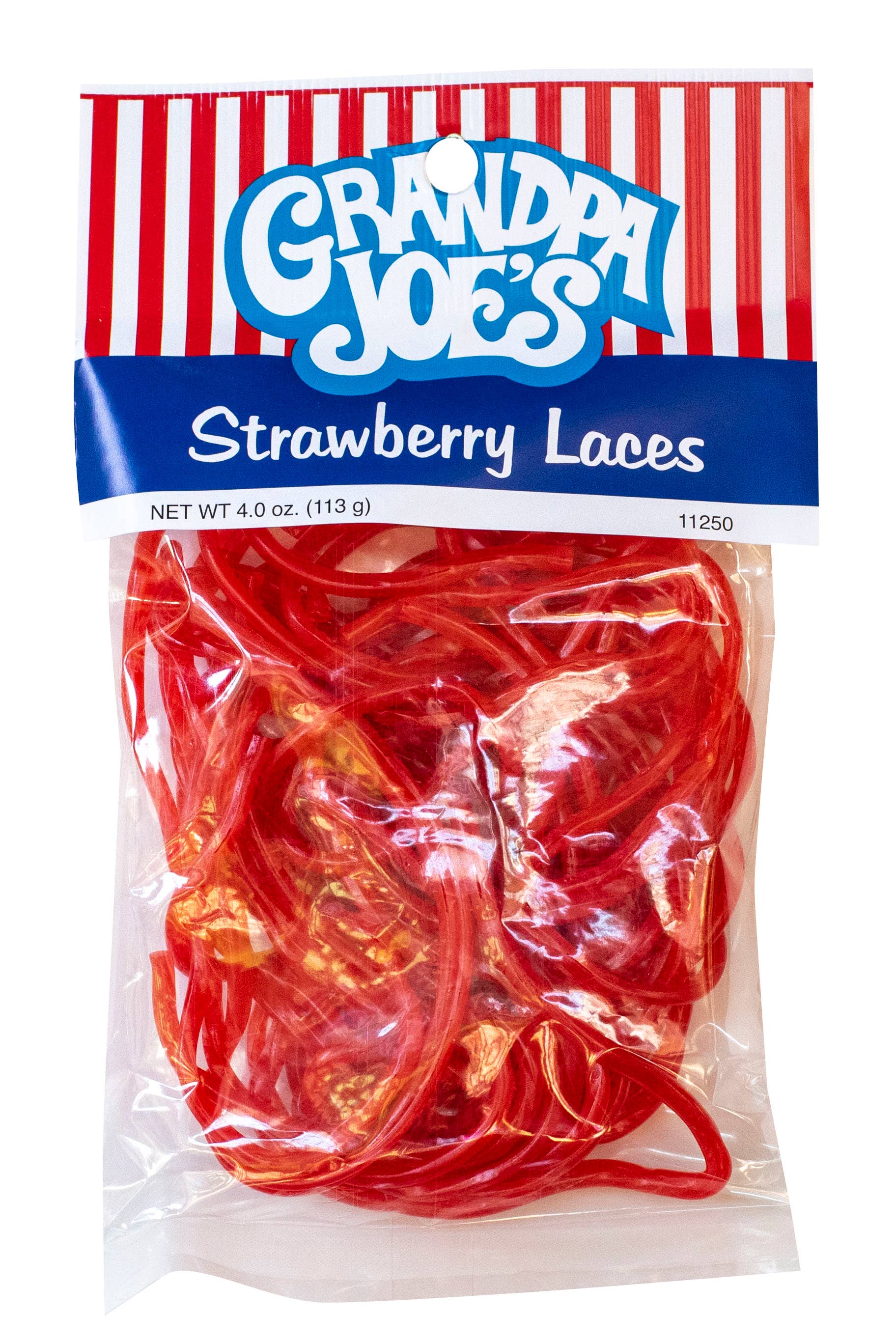 Packaged red strawberry laces with 'Grandpa Joe's' branding on a white background
