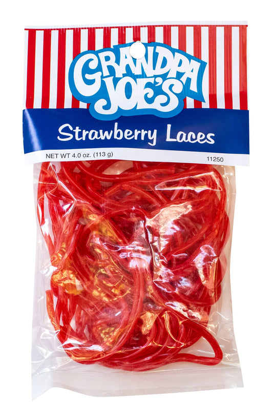 Packaged red strawberry laces with 'Grandpa Joe's' branding on a white background