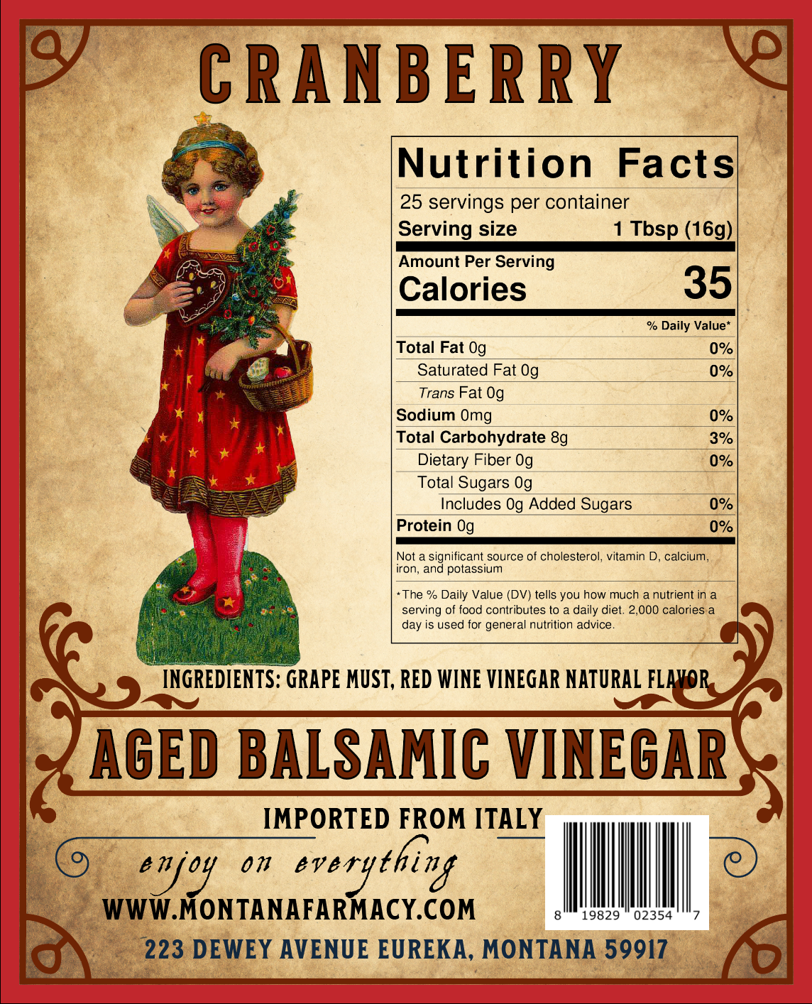 Vintage-style label for cranberry-aged balsamic vinegar with nutrition facts and product details.