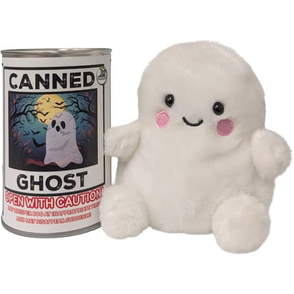A white plush ghost toy with embroidered black eyes, a smiling mouth, and pink cheeks, sitting next to a can labelled "canned Ghost" shown against a plain white background.