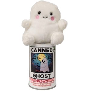 A white plush ghost toy with embroidered black eyes, a smiling mouth, and pink cheeks, sitting on top of a can labelled "canned Ghost" shown against a plain white background.