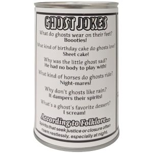 A can labelled "Ghost Jokes" with a white label on a white background
