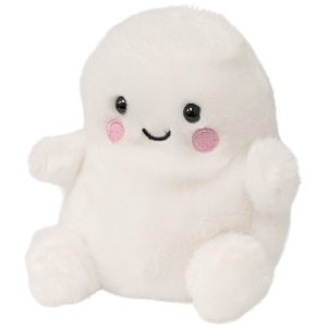 A white plush ghost toy with embroidered black eyes, a smiling mouth, and pink cheeks, shown against a plain white background.