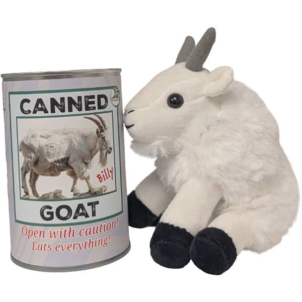 A plush white goat toy with gray horns and black hooves sits beside a novelty can labeled 'CANNED GOAT' with the text 'Open with caution! Eats everything!' on a plain white background.