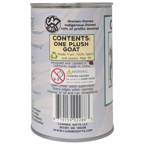 Canned toy with label indicating plush goat contents and branding details.
