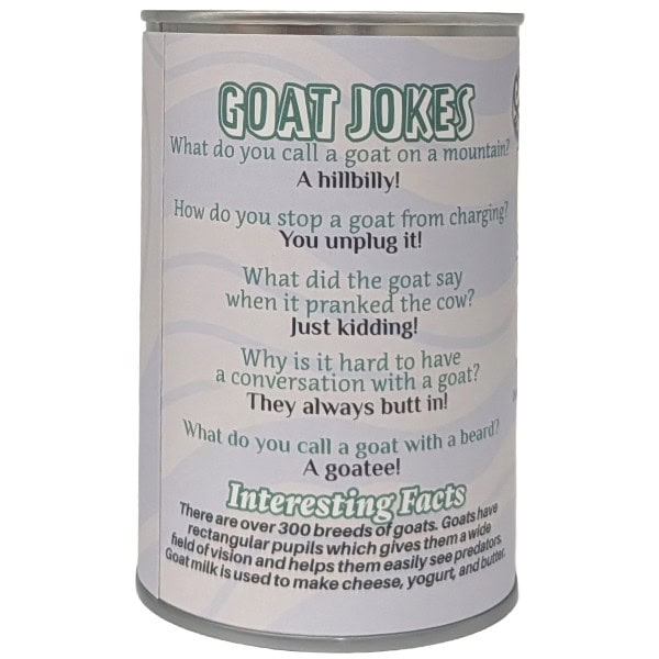  a novelty can labeled 'GOAT JOKES' on a plain white background.