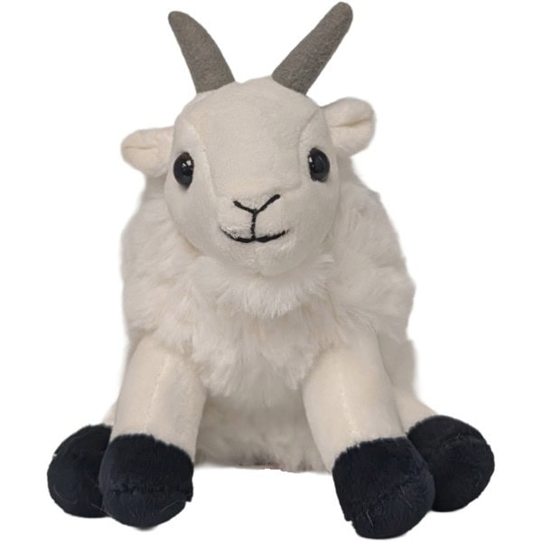 A plush white goat toy with gray horns and black hooves sits on a plain white background.