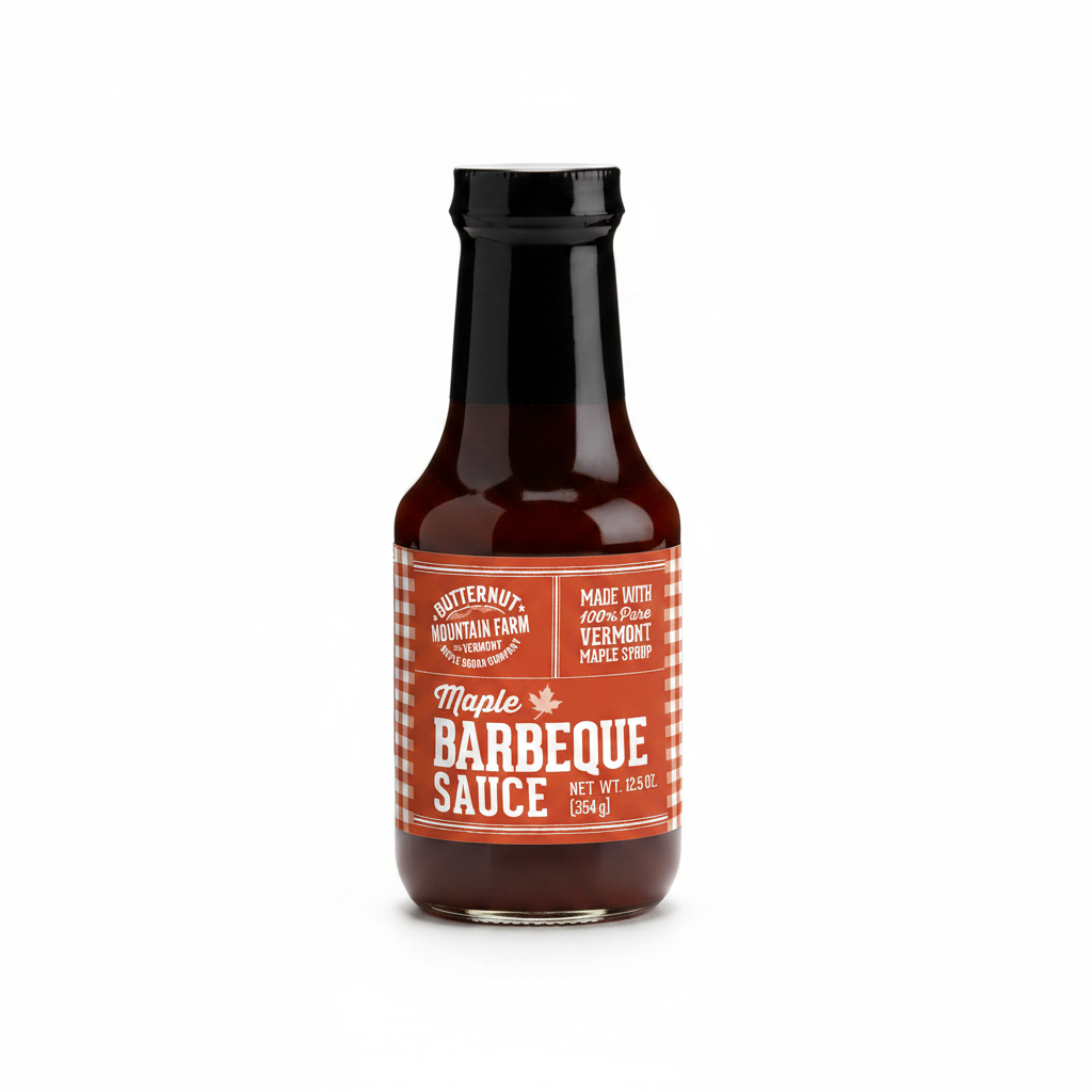 Bottle of Butternut Mountain Farm Maple Barbeque Sauce with a red label.