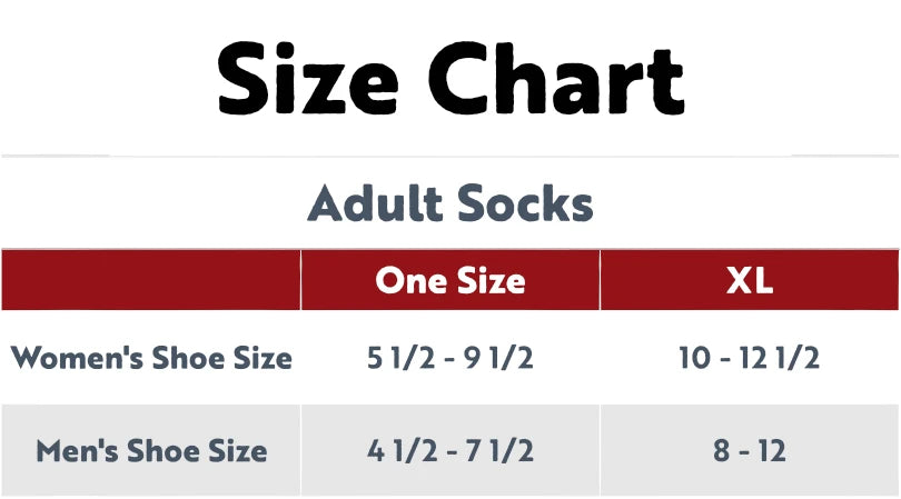 Lazy One adult sock size chart with women’s and men’s shoe-size ranges.