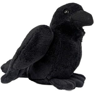 A black plush raven toy with a soft, textured fabric body, black beak, and a single visible black eye, photographed on a plain white background.
