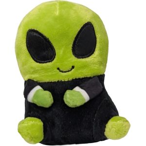 Green plush alien with black eyes and body on a white background