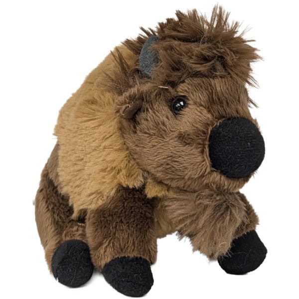A plush toy bison stuffed animal with brown and tan fur, black hooves and snout, and small gray horns, photographed on a plain white background.