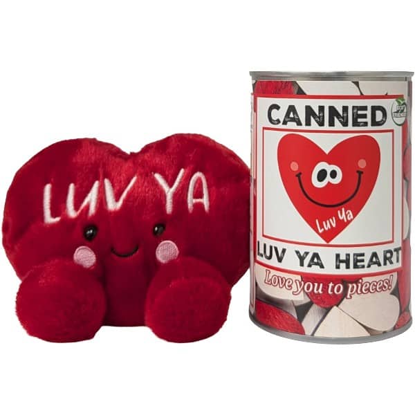 A red plush heart-shaped toy with white 'LUV YA' lettering and a smiling face sits next to a silver canister labeled 'CANNED LUV YA HEART' on a plain white background.